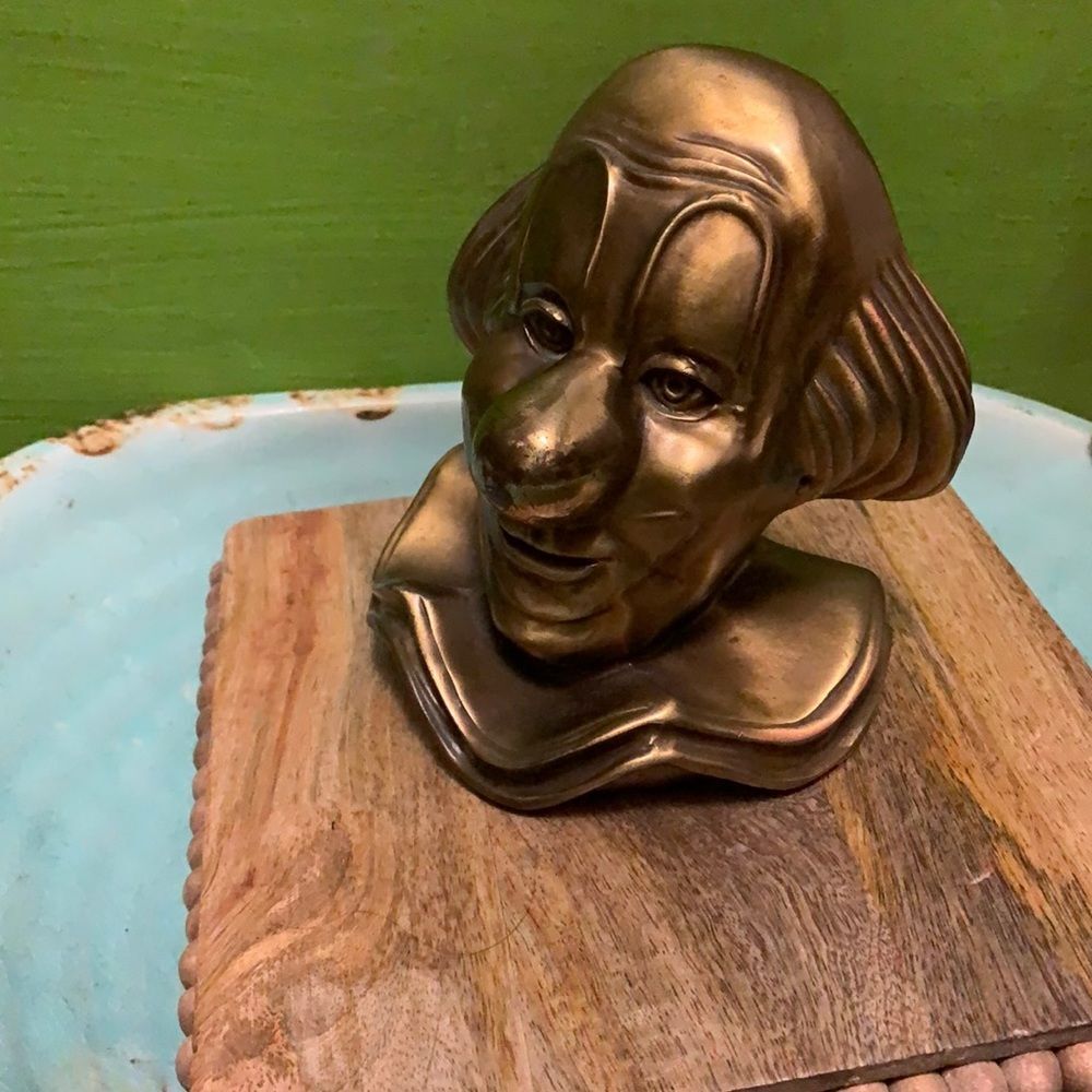 VTG PM Craftsman Brass Clown Bust Bookend Single Happy Face Circus Bozo Doorstop